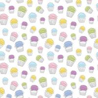 Seamless pattern of colorful cupcakes in style of continuous one line drawing. Simple line art of muffins with wavy frosting. Vector isolated on white. For decoration, print, textile, wrapping paper