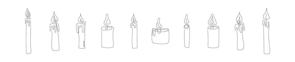 Set of wax candles with flames. Burning decorative aroma candles. Continuous one line drawing. Line art. Isolated on white backdrop. Design elements for print, greeting, postcard. Black and white. vector