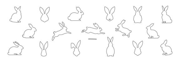 Set of rabbits in outline. Easter bunnies. Isolated on a white backdrop. Simple black icons of hares. Cute animals. Suitable for logo, emblem, pictogram, print, greeting card. Design elements. vector