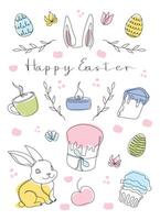 Easter Set in continuous one line style with design elements like bunny, eggs, dove, candle, cross, Easter cake, mug, flowers. Vector. Clipart. Easter card with Happy Easter greeting. Textiles, print vector