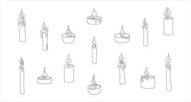 Set of various candles with flames  in line art style. Burning decorative candles. Continuous one line drawing. Isolated on white backdrop. Design element for print, greeting, postcard, scrapbooking vector