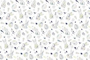 Abstract Doodle Easter seamless pattern with easter bunny and different eggs. Vector Boho style design for background, greeting card, invitation
