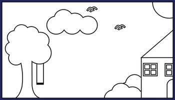 House and trees in the clouds. Vector illustration in thin line style. Simple background abstract illustration in flat style. Graphic design template elements.