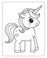 linda unicornio vector para niños colorante libro páginas, unicornio negro y blanco vector