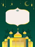 Ramadán kareem contento ied Alabama fitr editable espacio. oro mezquita antecedentes ilustración con luna, linterna, Coco árbol y estrella, aislado en verde. vector fondo de pantalla saludo para instagram historia