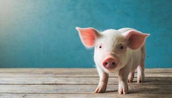 ai generado linda joven rosado cerdo. Doméstico animal. de madera piso y azul pared. foto