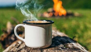 AI generated Enamel cup of hot steaming coffee on old log by an outdoor campfire. Tasty drink. photo