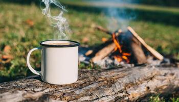 AI generated Enamel cup of hot steaming coffee on old log by an outdoor campfire. Tasty drink. photo