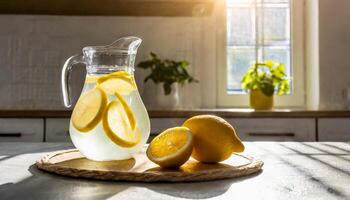 AI generated Glass carafe jug with lemonade and lemon slices against a bright sunny kitchen. Homemade drink. photo