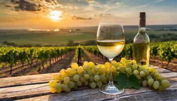 AI generated Bunch of fresh grapes, wine glass and bottle on wooden table, vineyard landscape. photo