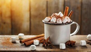 AI generated Hot chocolate in metal white cup with marshmallows and cinnamon on wooden table. photo