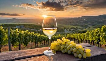 AI generated Bunch of fresh grapes and glass of wine on wooden table, vineyard landscape. photo