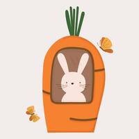 cute spring bunny in carrot with butterfly hand drawn clipart vector illustration