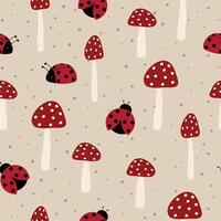 cute ladybird ladybug with mushroom hand drawn seamless pattern background vector for invitation greeting birthday party celebration wedding card poster banner textile wallpaper paper gift wrap