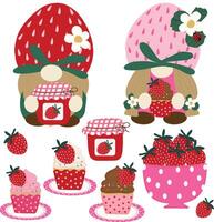 cute Strawberry with gnomes clipart hand drawn elements vector for decorate invitation greeting birthday party celebration wedding card poster banner textile wallpaper paper wrap background