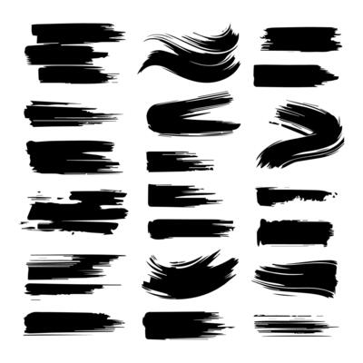 Set of black paint, ink brush strokes, brushes, lines, grungy. Dirty artistic design elements, boxes, frames. Vector illustration. Isolated on white background. Freehand drawing.