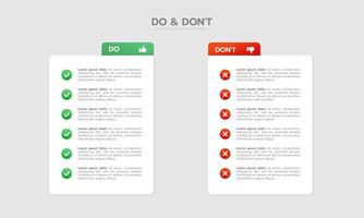 Do's and Don'ts Pros and Cons VS Versus Comparison. Infographic Design Template. Infographic comparison table. Vector illustration.