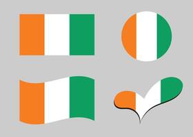 Flag of Ivory Coast. Ivory Coast flag in heart shape. Ivory Coast flag in circle shape. Country flag variations vector