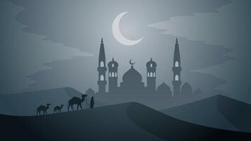 Ramadán paisaje vector ilustración. mezquita en el Desierto con camello y un musulmán a noche. mezquita paisaje para ilustración, antecedentes o Ramadán. eid Mubarak paisaje para Ramadán evento