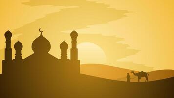 Ramadán paisaje vector ilustración. mezquita silueta en el Desierto con camello y un musulmán. mezquita paisaje para ilustración, antecedentes o Ramadán. eid Mubarak paisaje para Ramadán evento