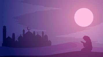 Ramadán paisaje vector ilustración. mezquita silueta a noche con Orando musulmán en el desierto. mezquita paisaje para ilustración, antecedentes o Ramadán. eid Mubarak paisaje para Ramadán evento