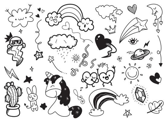 Black and White Hand Drawn Doodles of Cute Elements