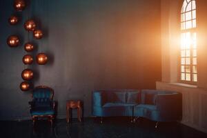 Light and shadow in the dark room with lamp photo