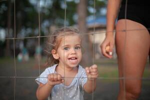 Toned portrait of Sad little girl looks through wire fence photo