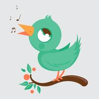 Cute bird singing on a tree branch. Happy springtime songbird in nature. Vector Illustration