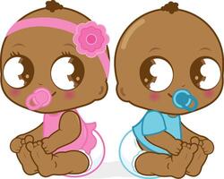 Cute black baby toddlers, a baby girl and a baby boy. African American babies, a girl and a boy. Vector Illustration