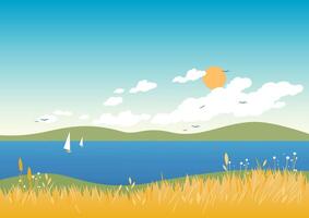 Nature background in the lake and hills. Clear blue sky with sun and clouds. A warm summer beach landscape with wheat field and grass. Vector illustration