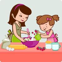 Family cooking. A mom and her little child baking a strawberry cake in the kitchen at home. Vector illustration