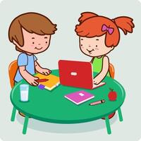 Students at school in the classroom sitting at their desk. A girl and a boy young students study using a computer. Vector illustration