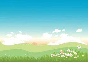 Springtime meadow landscape background. Vector illustration.