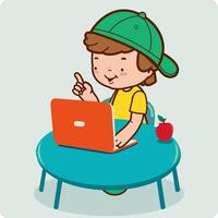 Child on his desk in the classroom using the computer. Student boy at school doing homework. Vector illustration