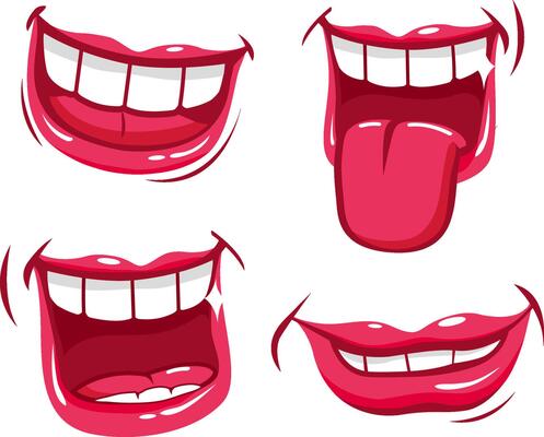 Mouths smiling. Lips talking and laughing. Vector illustration set
