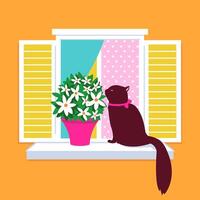 A house cat pet sitting on a window sill next to a flower pot in springtime. Vector illustration