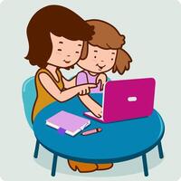 Mother and child using the computer. Little girl study with mother at home together. Vector illustration