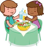 Children sit at the restaurant table and eat healthy food. Vector illustration