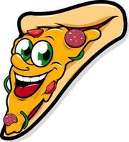Slice of cartoon pepperoni and cheese pizza. A happy cartoon pizza slice character. Vector illustration