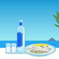 A bottle of ouzo and a dish with cooked fish in a table next to the sea. Island vacations with delicious food. Vector illustration