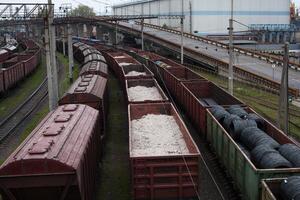 Freight trains on city cargo terminal photo