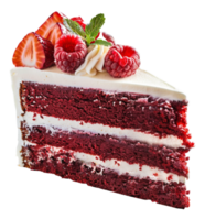 AI generated Red velvet cake slice with fresh berries and mint on transparent background - stock png. png