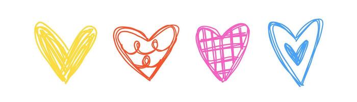 Set of doodle hearts of different shapes drawn by hand. Vector simple illustration.