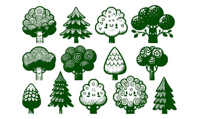 Diversity of trees set on background white