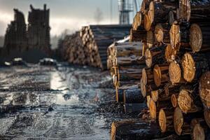 AI generated Timber stacked at lumber mill photo