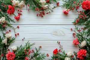 AI generated Festive flower composition on the white wooden background. Overhead view photo