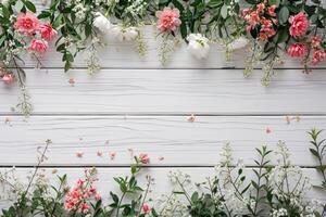 AI generated Festive flower composition on the white wooden background. Overhead view photo