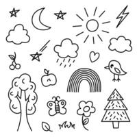 Daycare doodle set. Cute kindergarten collection elements in cartoon style. Nature, rainbow, bird, sun, cloud, tree. Hand drawn illustration isolated on white background. vector