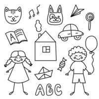 Daycare kids doodle set. Cute kindergarten collection elements in cartoon style. Children toys, animals, candy. Hand drawn illustration isolated on white background. vector